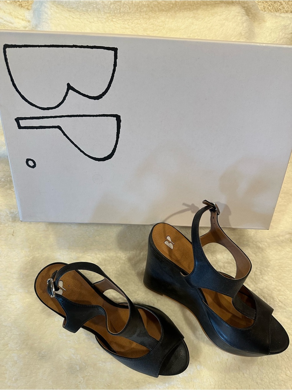 Black Leather Wedge Sandals with Ankle Strap